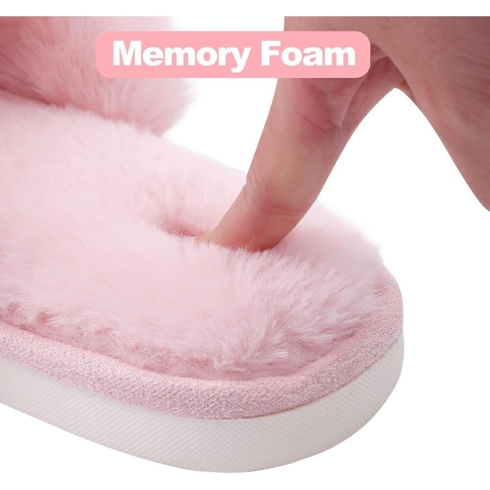 🆕Women's Pink Fuzzy Slippers Cross Band Memory Foam Faux-fur Open Toe Shoes - Picture 6 of 8